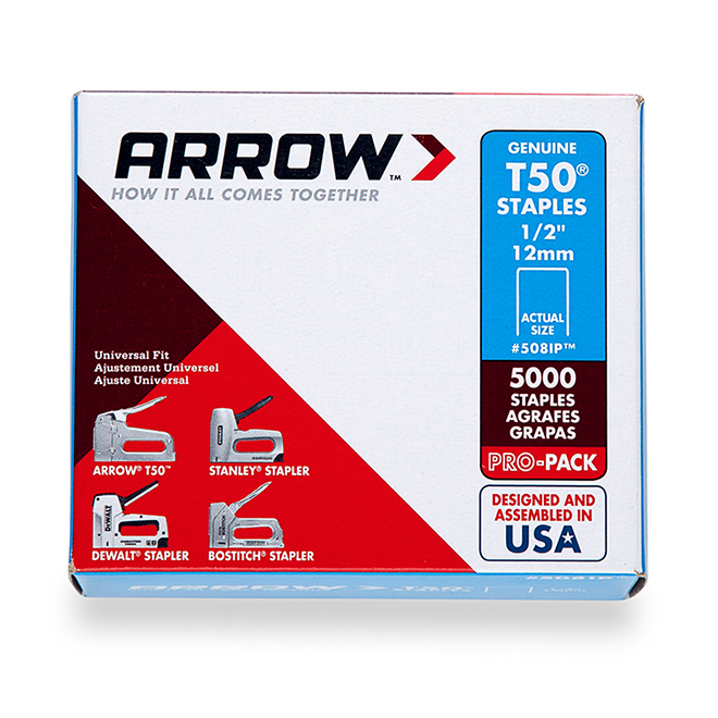 Agrafes T50 de 1/2 po Arrow, acier, paquet de 5 000