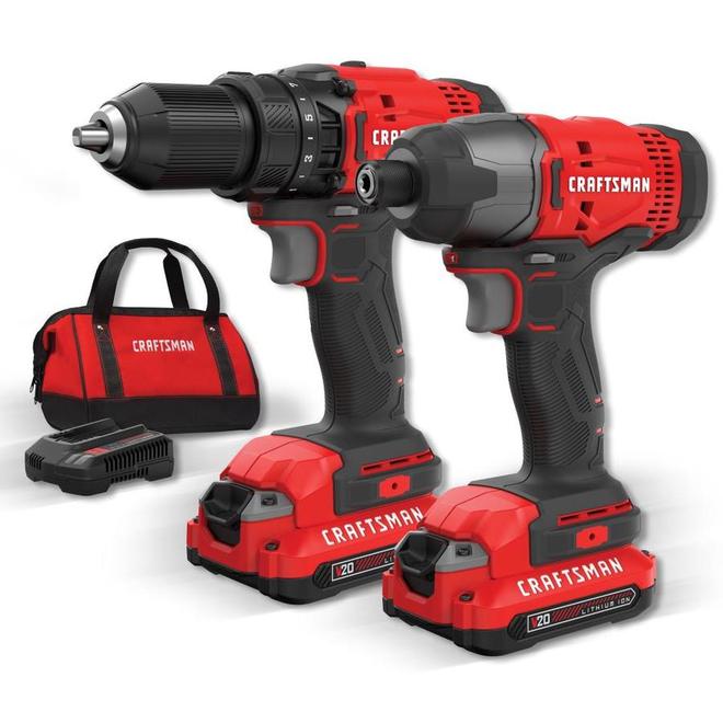CRAFTSMAN 20 V Max 2 Cordless Power Tools Combo Kit with Batteries and Charger - 1 500 RPM - 3 100 BPM - Quick Change