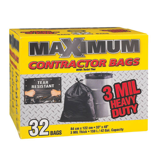 Maximum 3-Mil 159-L 33-In x 48-In Heavy-Duty Black Plastic Contractor Waste  Bags 32/Box 33483