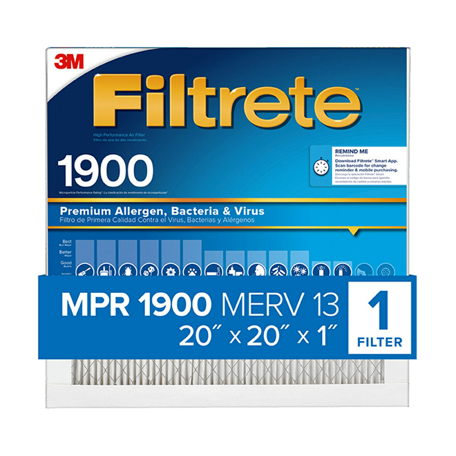Filtre à air plissé électrostatique Filtrete pour la réduction maximale des allergènes, 1900 MPR, 20 po x 20 po x 1 po