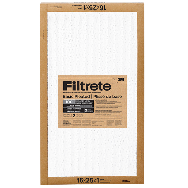 3M Filtrete Pleated Air Filter - 16-in x 25-in - 2-Pack - 100 MPR - Basic