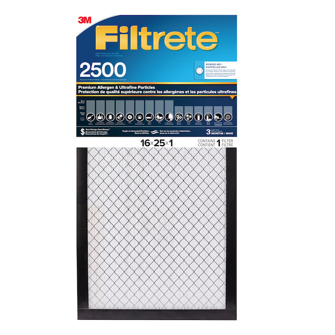 Filtre à air Filtrete 3M à grand rendement contre allergènes et particules ultrafines MPR 2500, 16 po x 25 po x 1 po