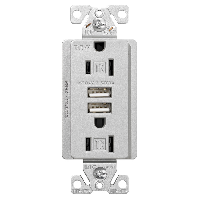 Prise double inviolable avec ports USB, 15 A, blanc de EATON