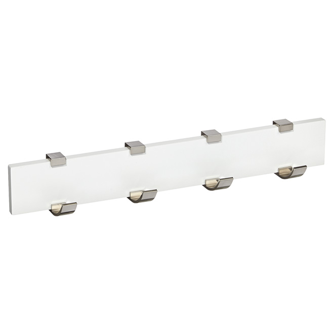 Richelieu Contemporary Multi-Hook Rack - 2 21/32-in H x 17 3/4-in W - White  and Brushed Nickel - Metal - Wood Board RH118211430195