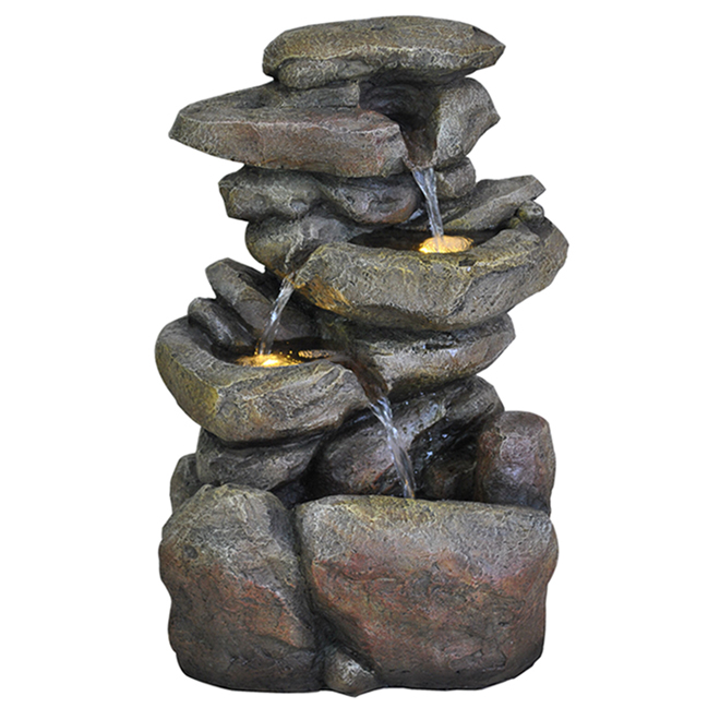 Fontaine de roches, fibre de verre, DEL, 20", couleur pierre