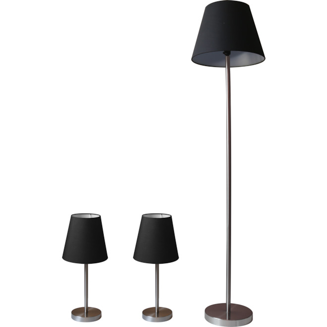 Project Source Floor Lamp and Table Lamps - Metal/Fabric - Black/Chrome - 3-Piece
