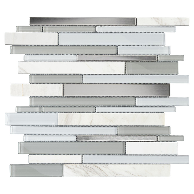 Troy Collection Alaska Mosaic Wall Tiles - 12-in W x 12-in H - Glass, Marble and Stainless Steel - Linear Planks