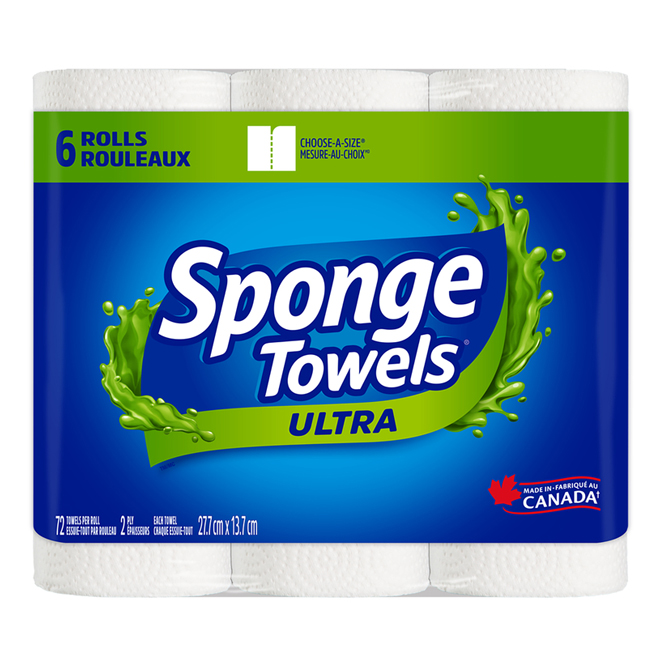 Essuie-tout Ultra de SpongeTowels, 2 épaisseurs, 72 feuilles, mesure au choix, paquet de 6 rouleaux