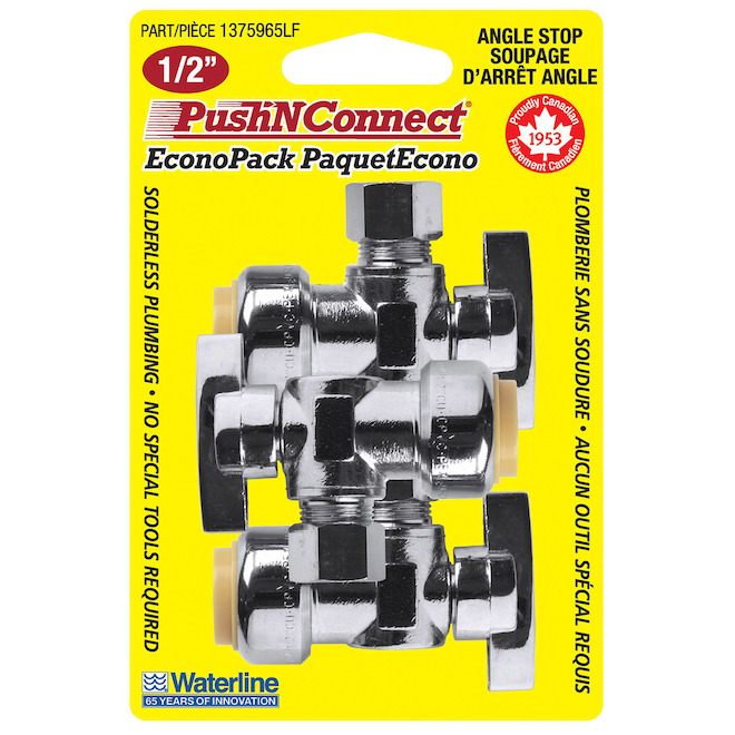 Waterline PushNConnect 1/2-in x 3/8-in Angle Stop Valves - Pack of 3