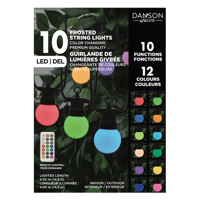Ensemble de 10 lumières extérieures sur fil Danson Decor DEL givrées à 12 couleurs, 14,8 pi