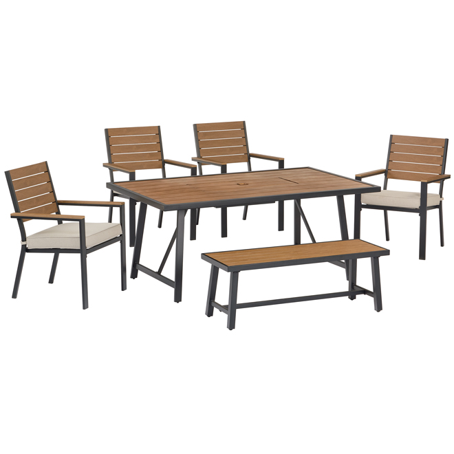 Allen + Roth Galloway Black Steel Frame Outdoor Dining Set with Off-White Cushions Included - 6-Piece
