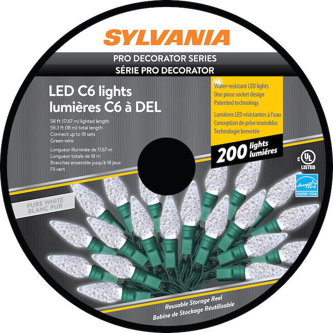 Sylvania Christmas String Lights - 200 LED C6 - Indoor Outdoor - Pure White