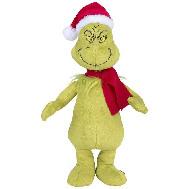 Peluche animée Grinch avec chapeau de père Noël et écharpe par Gemmy 10,63  po 111470