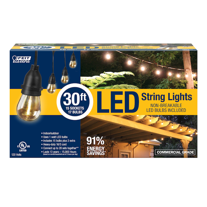 FEIT ELECTRIC Indoor and Outdoor LED String Lights - 15 Light Sockets ...