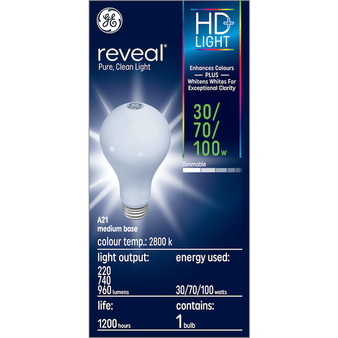 GE Reveal HD+ Colour-Enhancing 30/70/100W Incandescent A21 Tri-Light (1 ...