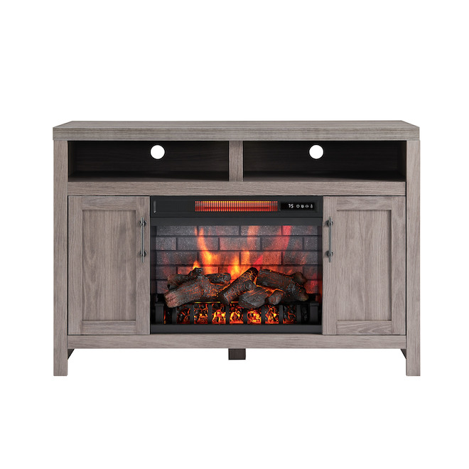Style Selections 48-In Faux Oak TV Stand with Infrared Quartz Electric Fireplace Grey