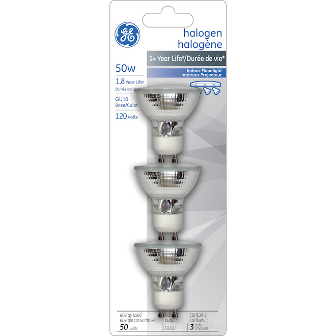 Ampoules halogènes d'intérieur blanc doux de 50W de GE, GU10, paquet de 3  01321