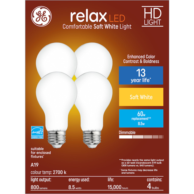 GE Relax HD Soft White 60W Replacement LED General Purpose A19 Light Bulbs (4-Pack)