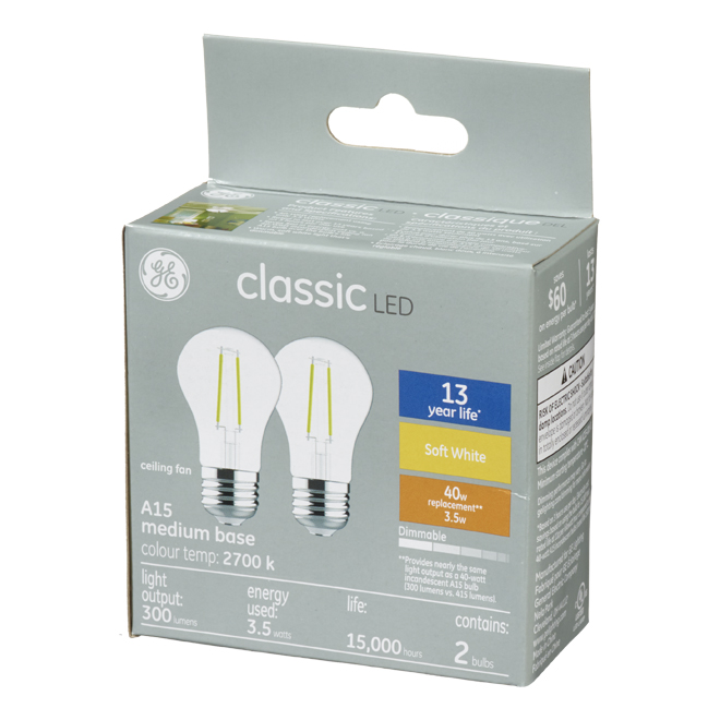 GE Soft White 40W Replacement LED Clear Ceiling Fan Medium Base A15 Light Bulbs (2-Pack ...