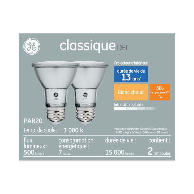 Ampoule halogène, PAR20, blanc doux, 50 W, 6/pqt
