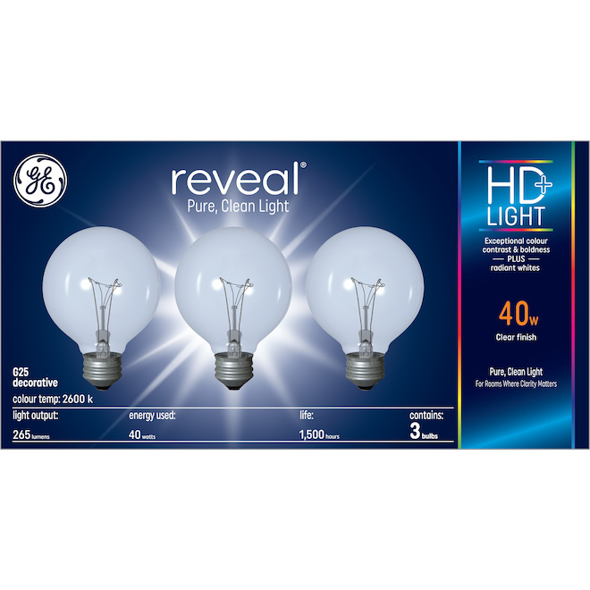 GE Reveal HD+ Colour-Enhancing 40W Incandescent Decorative Globe G25 ...