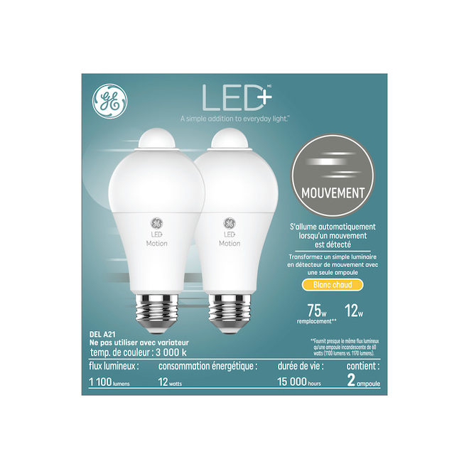 Ampoule avec détecteur de mouvement à intensité variable GE LED+ de 75  watts EQ, A21, blanc doux (2/pqt) 93130164