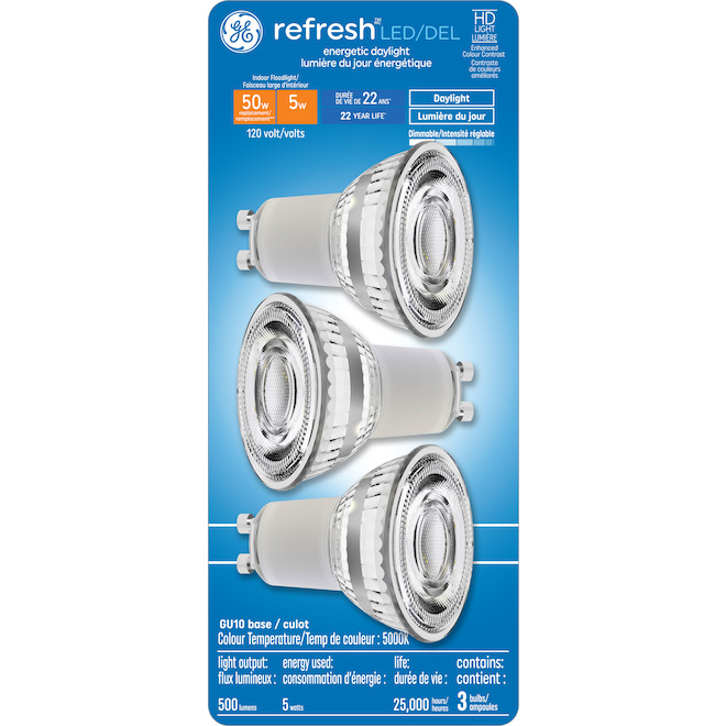 GE Refresh HD PAR16 50W EQ LED Light Bulb - GU10 Pin Base - 5000K - 3-Pack