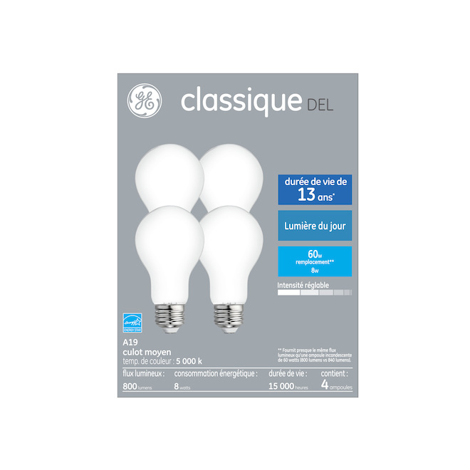 Ampoules de rechange givrées classiques A19, à usage général de GE, lumière du jour, de 60 W (paquet de 4)