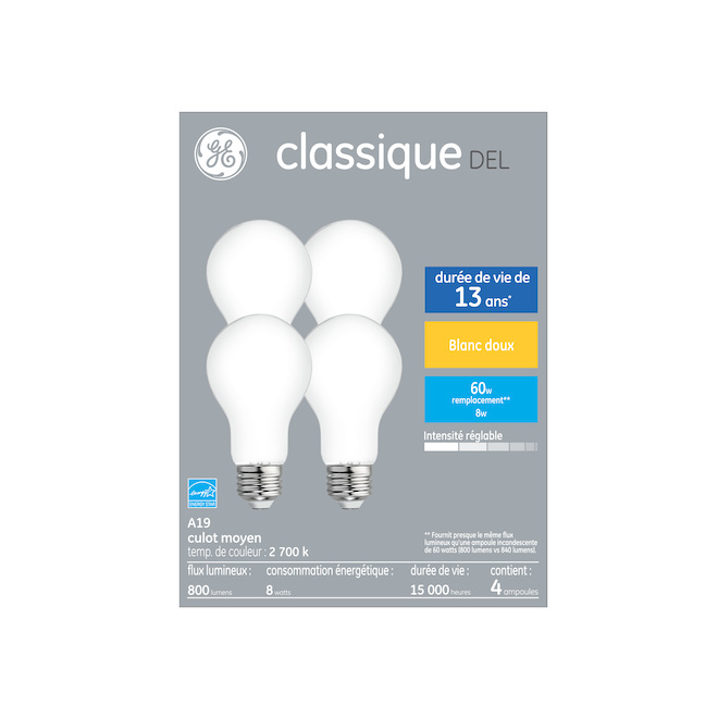 Ampoules classique A19 de remplacement de 60 W par GE, blanc froid à usage  général (paquet de 4) 34078