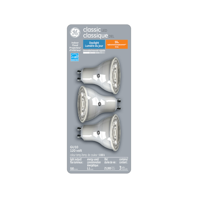 Ampoules halogènes d'intérieur blanc doux de 50W de GE, GU10, paquet de 3  01321