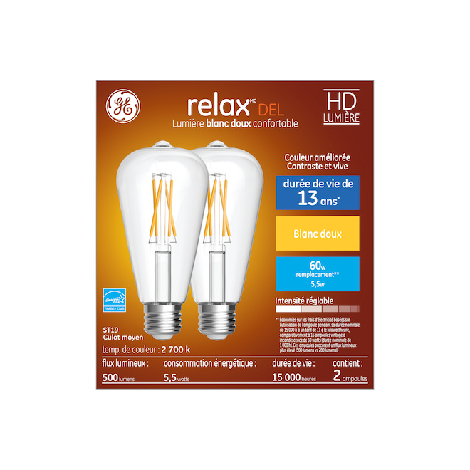 Ampoules de remplacement DEL blanc doux HD RELAX de GE ST19 60 W décoratives transparentes (paquet de 2)