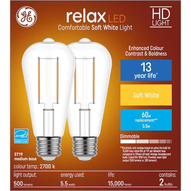 GE Relax HD Soft White 60W Replacement LED Clear Decorative ST19 Light ...