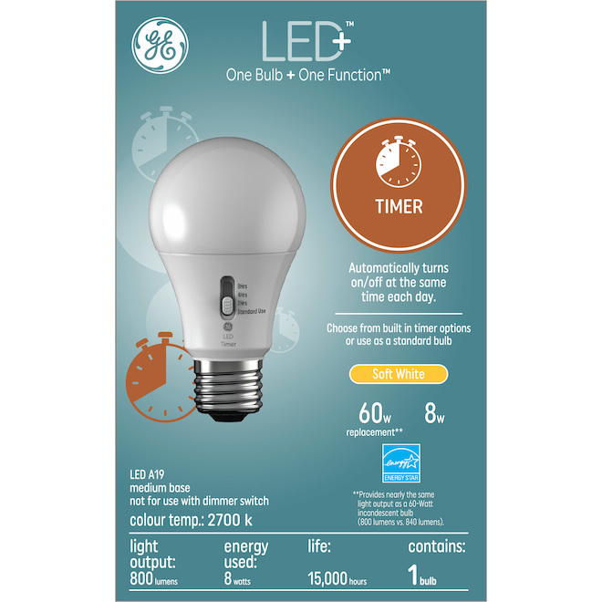 GE LED+ Timer Soft White 60W Replacement LED General Purpose A19 Light