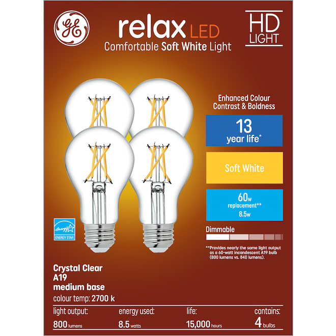 GE Relax HD Soft White 60W Replacement LED Crystal Clear General Purpose A19 Light Bulbs (4-Pack)