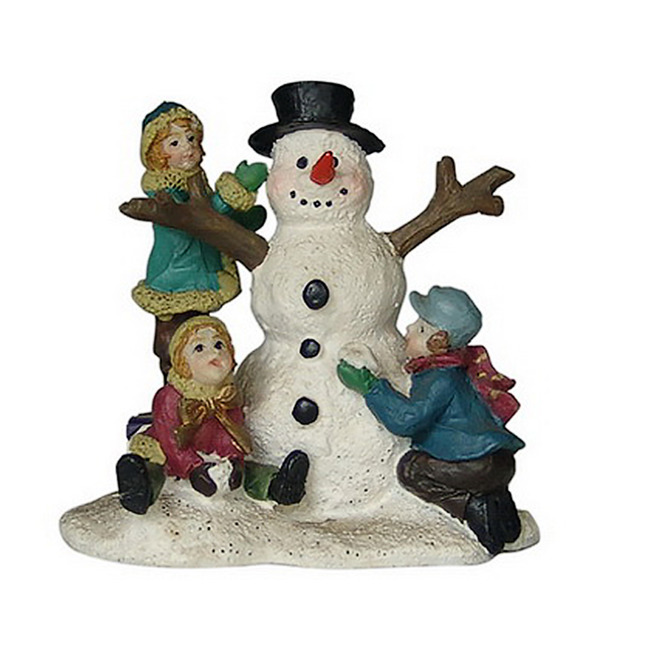 Children and Snowman for Christmas Village - Polyresine - 2.4-in x 2.4-in x 1.5-in - Multicolour