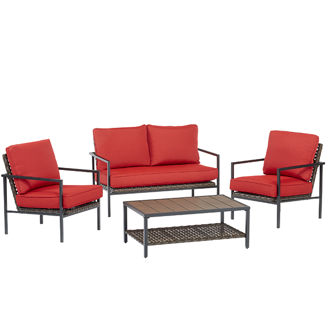 Ensemble de mobilier extérieur Bellemore par allen + roth avec cadre en métal noir, coussins en oléfine rouge, 4 pièces