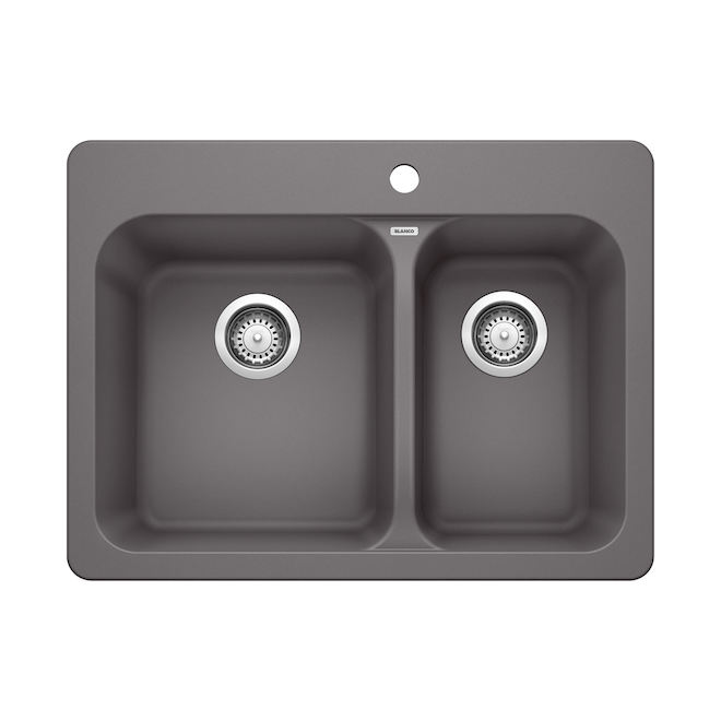 Blanco Vision 1.5 27.5-in x 20.75-in x 7-in Cinder Grey Silgranit Double Kitchen Sink with Stainless Steel Strainers