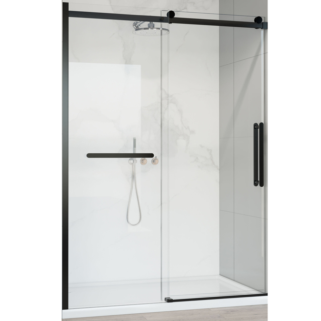 Porte de douche en alcôve coulissante en verre transparent allen + roth 60 po avec ferrure noir mat