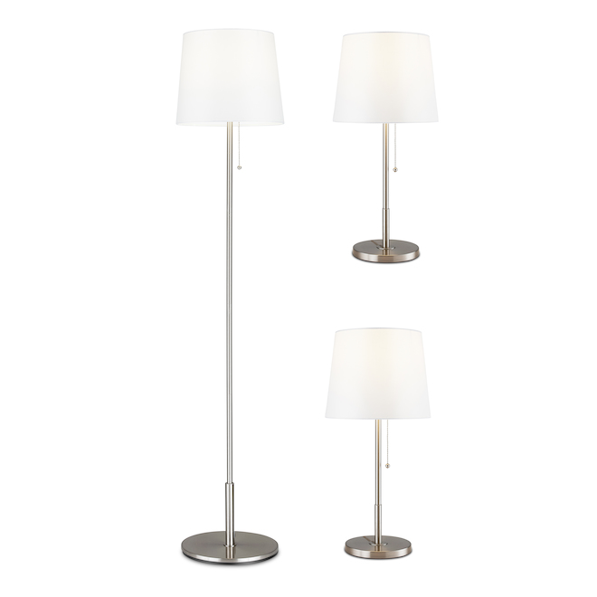Project Source Floor Lamp and Table Lamps - 58-in/22-in - Metal/Linen - Brushed Nickel/White - Set of 3