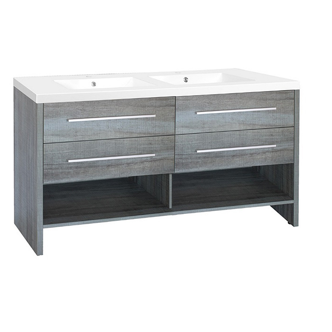 Luxo Marbre Vanity Cabinet and Double Sink Top - Blue-Grey and White - 4-Drawers and 2 Open Shelves - Overflow Drain
