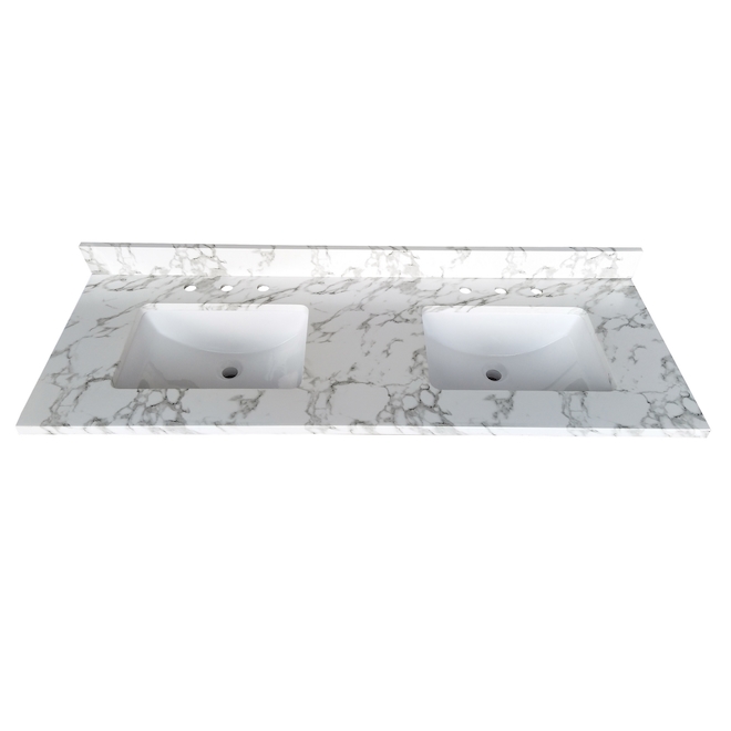 Dessus de meuble-lavabo Luxo Marbre, marbre synthétique, double bassin, quartz blanc, 61 po l. x 22 po P.