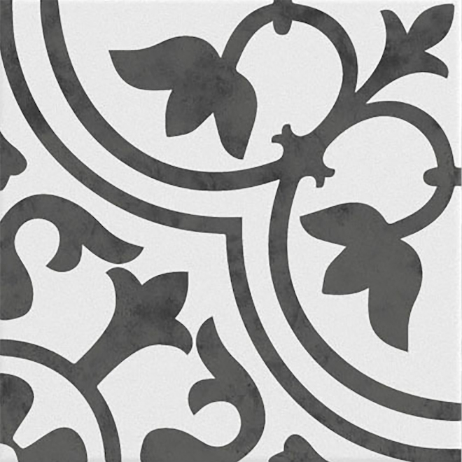 Carreau de porcelaine Fleur Braga de Mono Serra, 8 po x 8 po, noir et blanc, 19/boîte