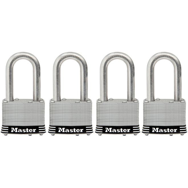 Cadenas à clé Master Lock, 1,75 po, arceau de 1,5 po, acier inoxydable, paquet de 4