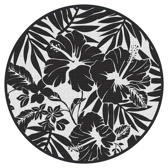 Tapis extérieur rond Polyweave par Multy Home en polyester blanc et noir motif tropical 5 pi
