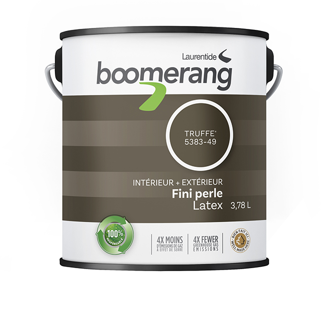 Peinture latex acrylique recyclée d'intérieur Boomerang, faible COV, velours, truffe, 3,78 L