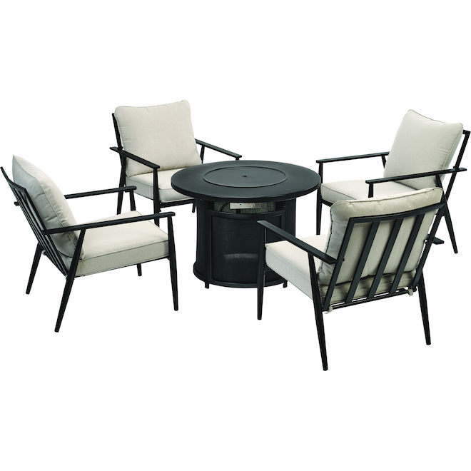 Ensemble de mobilier d'extérieur allen + roth en acier noir à 4 fauteuils et table-foyer, coussins polyester blanc cassé