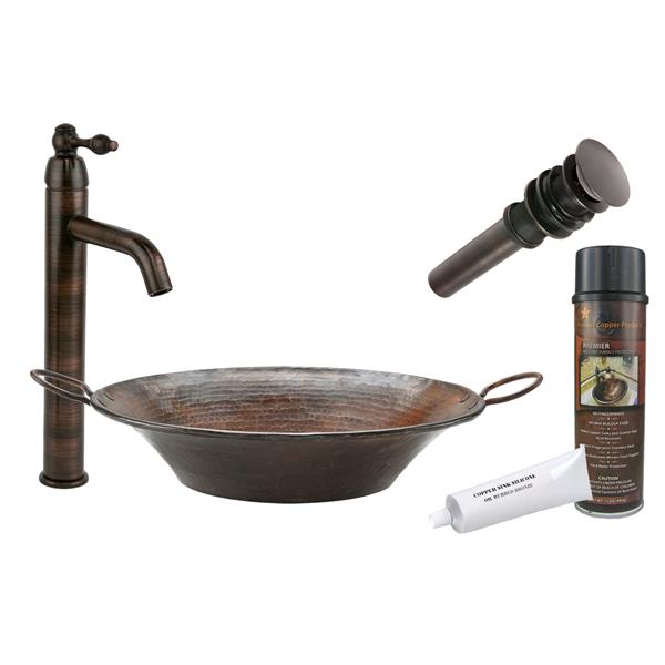 Premier Copper Products Round Miners Pan Vessel Sink with Drain and Faucet Hammered Copper Oil Rubbed Bronze