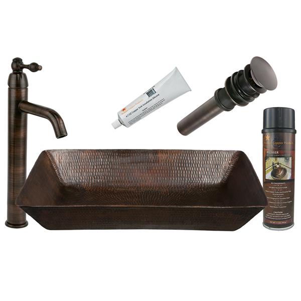 Premier Copper Products Rectangular Copper Sink with Faucet and Drain