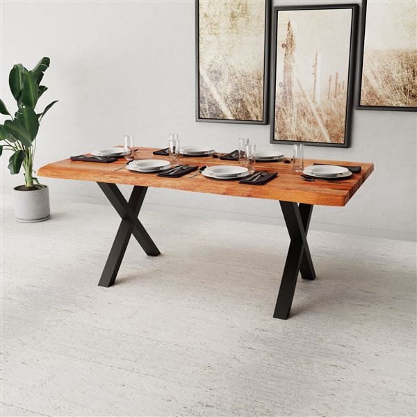 Table en bois d'Acacia avec piètement en X noir, 72"