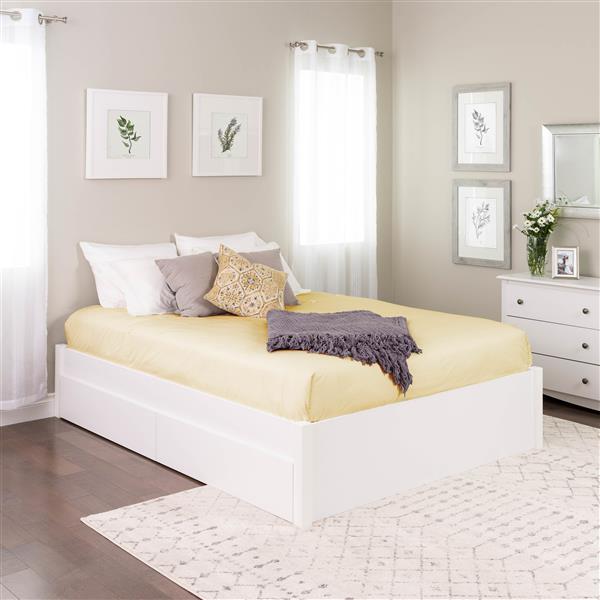 Base de grand lit plateforme avec deux tiroirs, blanc